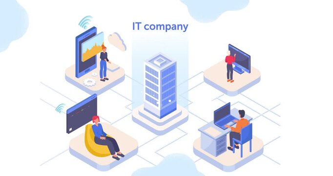 IT company. Moving banner with programmers and developers working in office and writing code remotely. Employees perform tasks on computer and create software. Isometric 3D graphic animated cartoon