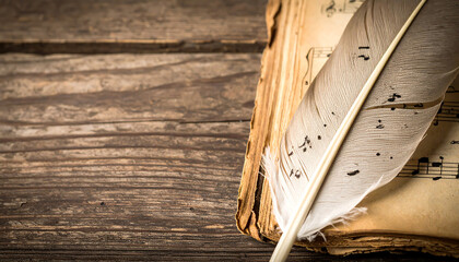 Quill pen rests on aged sheet music, evoking vintage writing and nostalgic artistic expression on wood backdrop.