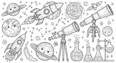 Whimsical hand drawn set of space and science doodles. Illustrations of planets, rockets, stars, constellations, vintage telescopes and laboratory glassware. Vintage engraving line art style