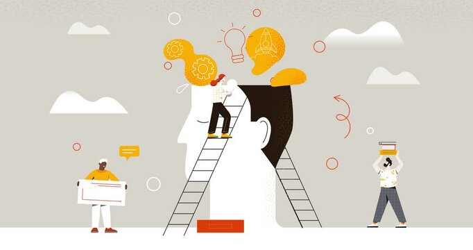 Upskill and development. Moving banner with men and women office workers putting light bulb, books and rocket into human head to improve work skills. Education and study. Flat graphic animated cartoon