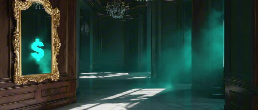 2:35:1 A large ornate mirror reflecting a glowing dollar sign ($) in a smoky, empty mansion hallway, loopable NFT vanity wealth scene