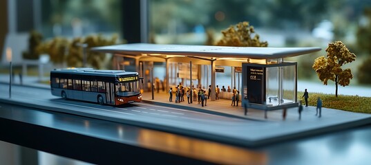 A highly detailed miniature bus stand building model with tiny commuters, placed on an executive workspace. Defocused office background. Branding section included