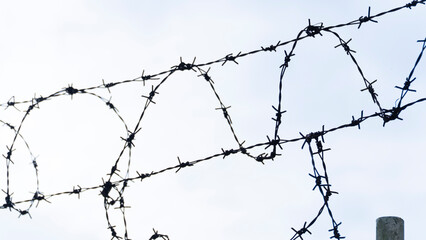 A barbed wire fence stretches horizontally against a bright, overcast sky