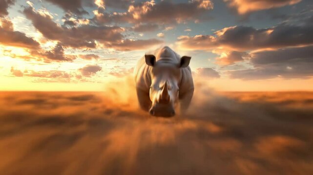 White rhinoceros running through desert at dramatic sunset.
