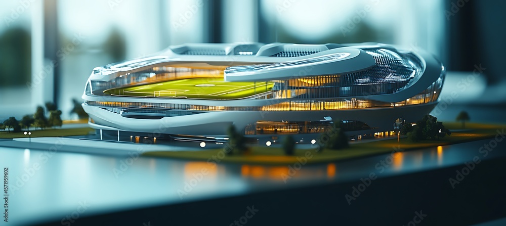 Poster futuristic sports complex building model on office table with modern design elements and ample space