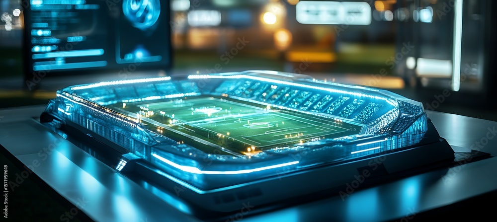 Poster futuristic sports complex building model on office table with modern design elements and ample space