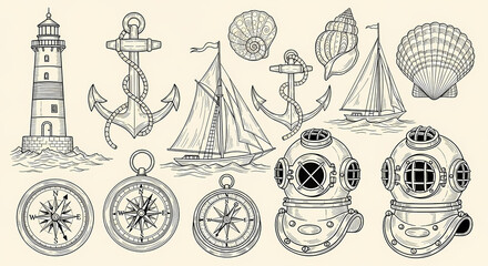 Collection of nautical hand drawn illustrations. Doodle drawings of lighthouses, anchors, sailboats, seashells, compasses and vintage diving helmets. Line art in old map or sailor's journal style