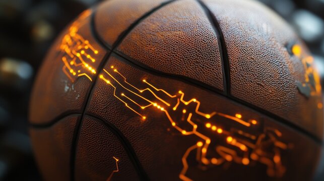 Rusty basketball with glowing circuit board