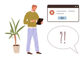 Man holding tablet looking at error pop-up with red cross, Ok button, and speech bubble showing uncertainty. Ideal for IT support, app error, troubleshooting, problem-solving, confusion, frustration