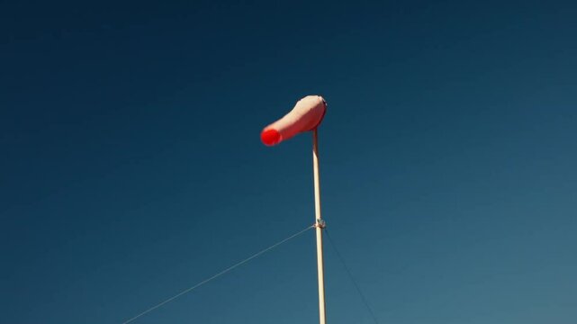 A windsock blowing in the wind against a dark blue sky