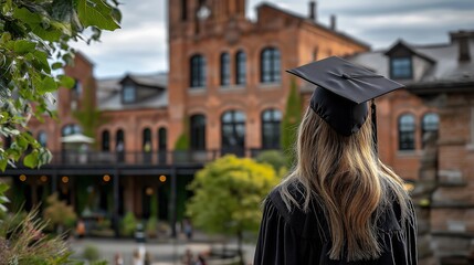 Graduate in Cap & Gown Facing Brick Building – Back View of Reflection & Anticipation, Academic Achievement Scene