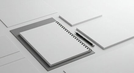Minimalist Composition of Notebook, Pen, and Paper on a White Su