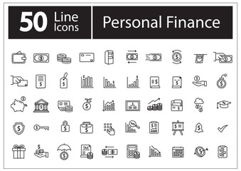 Collection of 50 line icons showcasing various personal finance concepts including budgeting, savings, and investments for digital downloads