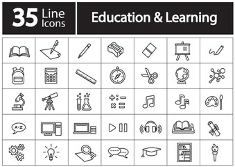 Collection of 35 line icons representing diverse concepts in education and learning including tools, subjects, and activities for educational materials