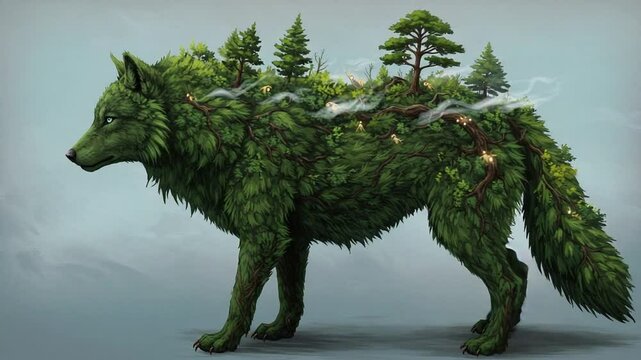 Green wolf with trees and smoke in a surreal landscape