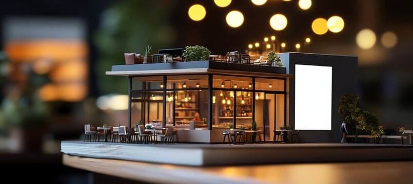 A miniature restaurant building model with an open kitchen, positioned on a wooden desk. The background is softly blurred. A branding area is visible.