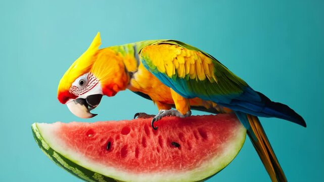 Colorful parrots interacting on red branch
