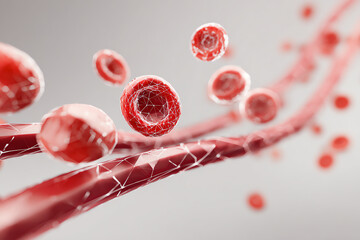 Close-up of red blood cells in motion.