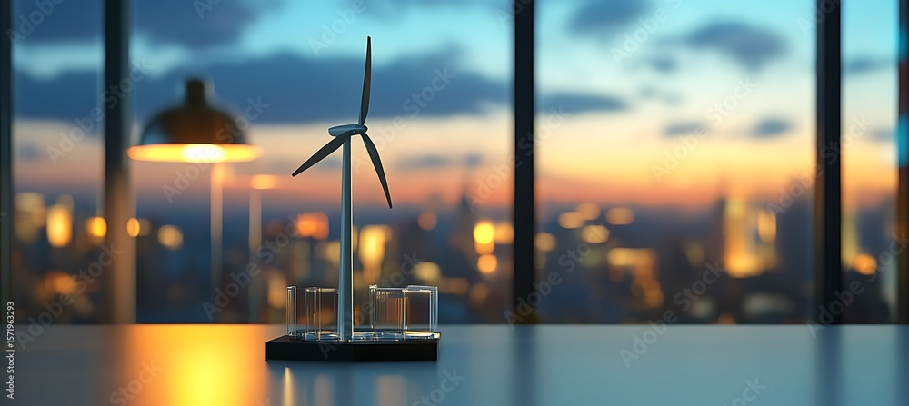 Poster a futuristic windmill model in a designer’s workspace with branding space