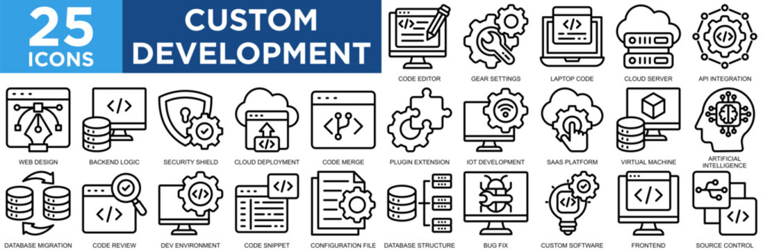 custom development, design, programming, concept, computer icon set. Outline icons collection. Simple vector illustration