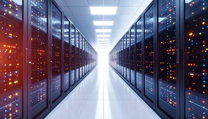 Server racks in a modern data center, bright and spacious