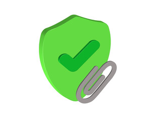 Simple 3D illustration of a shield icon with a check mark and a paper clip, transparent background, png format