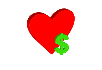 Simple 3D illustration of a heart icon with a money sign, transparent background, png format