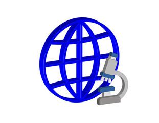 Simple 3D illustration of a globe icon with a microscope, transparent background, png format