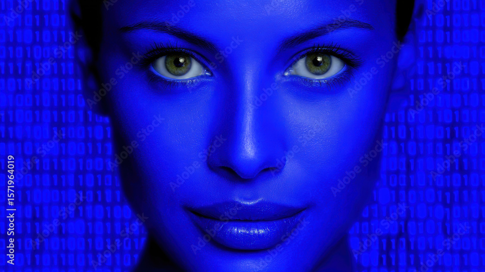 Poster digitally enhanced portrait of woman with blue skin and binary code background, creating futuristic 