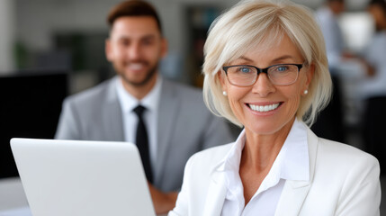 Obraz premium Smiling businesswoman with glasses and laptop in office setting, professional atmosphere