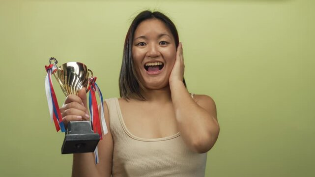 Young woman celebrating with trophy in front of isolated yellow background showcasing joy and achievement.
