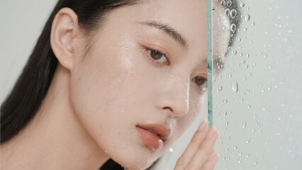 Naklejka premium ガラスと水滴に濡れた女性の横顔