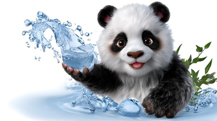 Adorable Cartoon Panda with Water Splash and Bamboo Leaves in a Fun, Cheerful Environment for Children