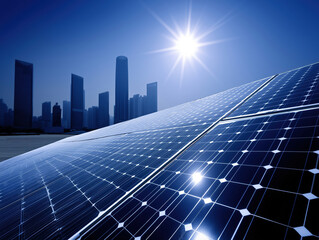 Solar panels capture sunlight against a city skyline during bright sunny day