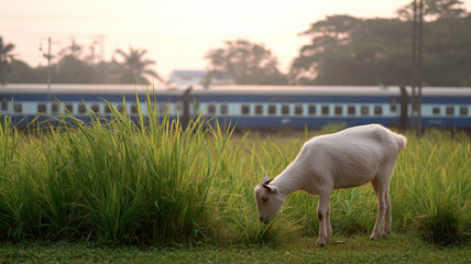 White goat grazing green grass near train tracks in rural area during sunset with soft warm light