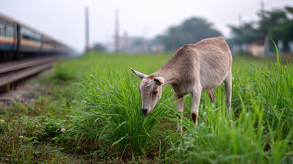 Indian goat grazing green grass near railway track in rural area with calm atmosphere and soft natural light