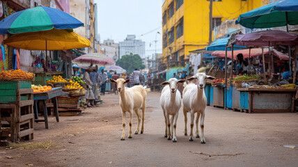 Three white goats walking on vibrant street market with colorful umbrellas and fresh produce in urban setting full of life and activity