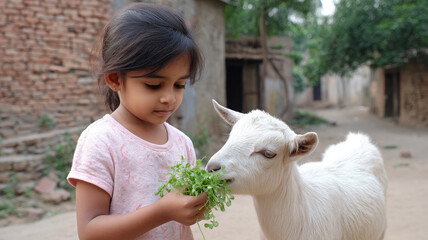 Little girl feeding white goat with fresh green leaves in rural village setting, showing gentle care and connection with animal