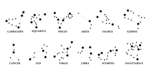Zodiac signs constellations silhouette clipart set. Horoscope astrology outline of stars icon constellation clip art like Capricorn, Aquarius, Pisces, Aries and Taurus collection element vector 