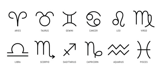 Zodiac sign outline clipart set. Horoscope astrology drawing black lines clip art of 12 birth month astrological symbol collection in white background vector illustration. 
