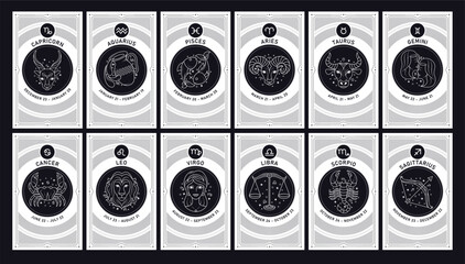 Zodiac signs silhouette cards clipart set. Astrological zodiac poster clip art of birth month symbol in outline drawing pictogram card collection vector illustration. 
