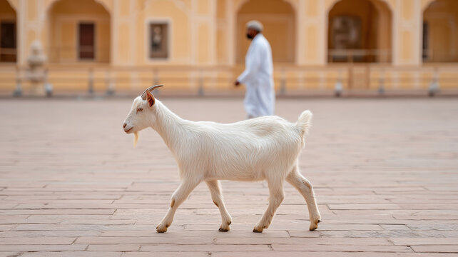 White goat walking on stone courtyard with blurred person in traditional clothing and historic building background