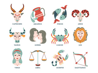 Zodiac signs drawing horoscope clipart set. Astrological zodiac symbol clip art with colorful abstract of birth month pictogram collection vector illustration. 
