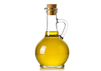 A glass oil bottle with cork stopper and golden olive oil Isolated on transparent background