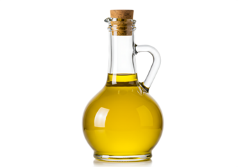 A glass oil bottle with cork stopper and golden olive oil Isolated on transparent background