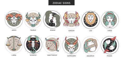 Zodiac signs drawing circle clipart set. Astrological horoscope pictogram zodiac symbol clip art of 12 birth month icon collection in white background vector illustration. 
