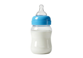 A blue baby bottle filled with milk Isolated on transparent background perfect for feeding