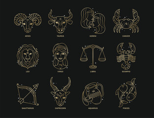 Zodiac signs gold outline clipart set. Collection of zodiac horoscope golden drawing symbol clip art of astrological birth month shiny outline collection vector illustration.  

