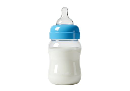 A blue baby bottle filled with milk Isolated on transparent background perfect for feeding