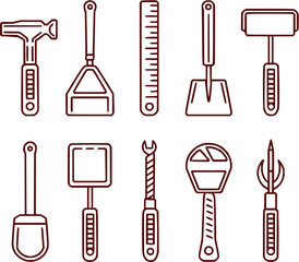 Obraz premium Illustration of various tools including a hammer, ruler, wrench, and spatula outlined in brown color